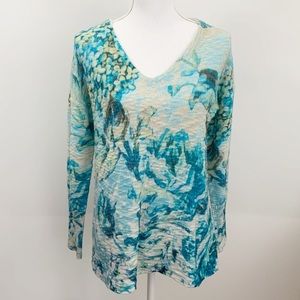 Soft Surroundings Blue Green Floral V-neck Cotton Sweater Size S